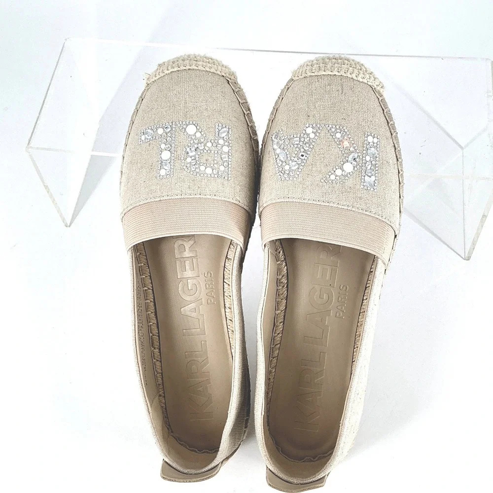 Karl Lagerfeld Paris Size 6 Manika‎ Espadrille Flats Beige Rhinestone Logo
